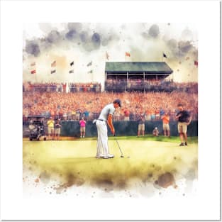 Artistic illustration of golfer putting on the 18th green Posters and Art